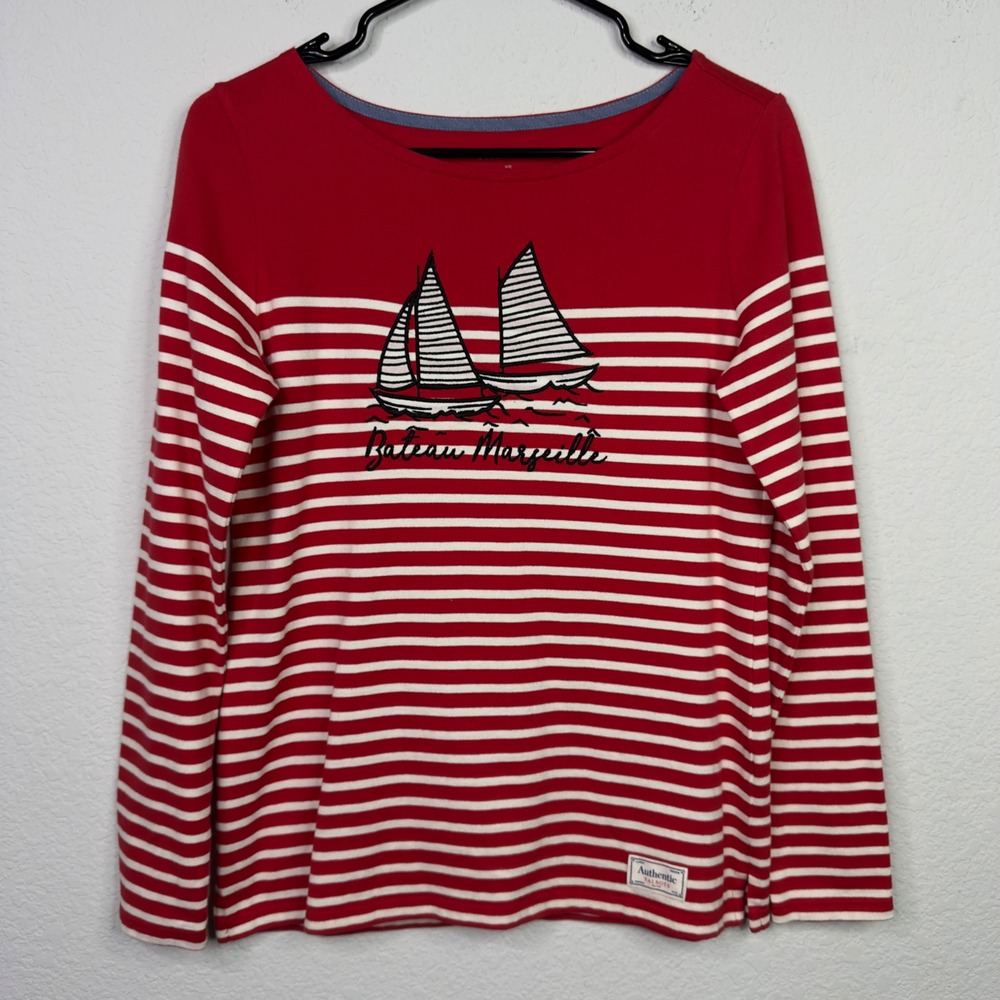 Talbots Sweater Womens XS Red White Striped Long Sleeve Boatneck Sailor Nautical